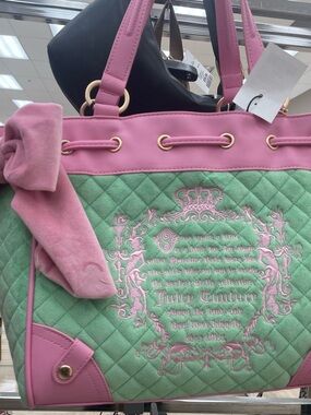 Juicy Couture Pink & Green Quilted Tote with Embroidered Crest